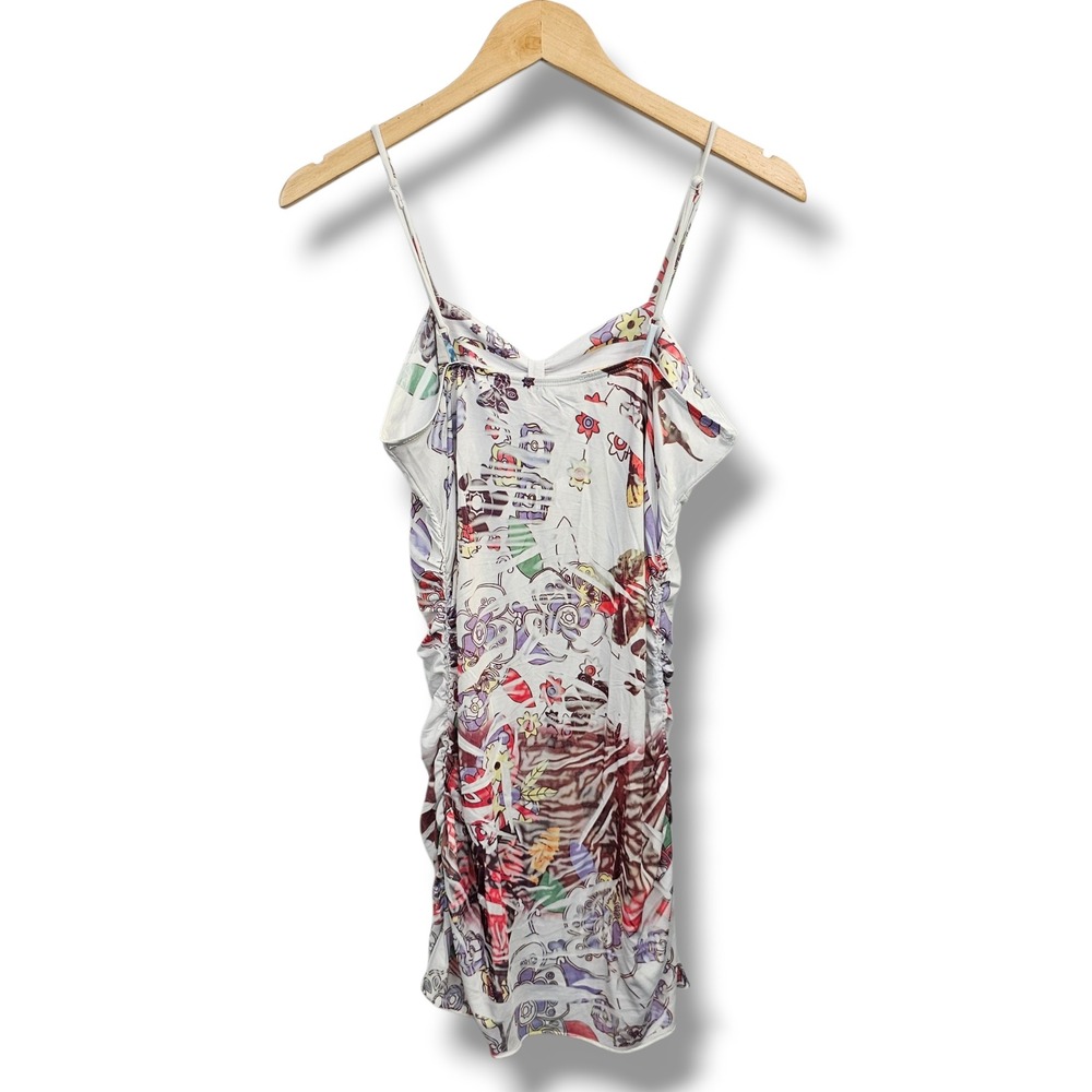 Y2K La Teen Mini Dress L White Pink Graphic Print Ruched Bodycon Babydoll NEW - Picture 5 of 12